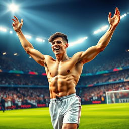 A stylized and artistic rendition of a professional soccer player resembling a young athletic man celebrating a victory
