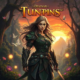 A vibrant and captivating movie poster featuring a mystical, forest landscape at sunset