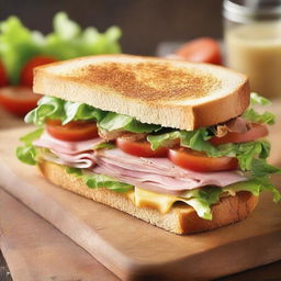 Create an image showcasing a tantalizing sandwich, with layers of fresh lettuce, sliced ripe tomatoes, thinly cut meats, and melted cheese, all between two lightly toasted bread slices