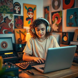 A young female lofi music producer working effortlessly at her creative workspace, surrounded by vintage audio equipment, vinyl records, and colorful artwork on the walls