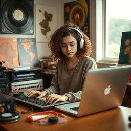 A young female lofi music producer working effortlessly at her creative workspace, surrounded by vintage audio equipment, vinyl records, and colorful artwork on the walls