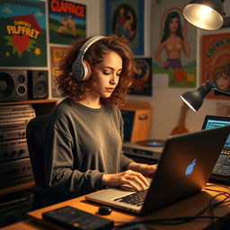 A young female lofi music producer working effortlessly at her creative workspace, surrounded by vintage audio equipment, vinyl records, and colorful artwork on the walls