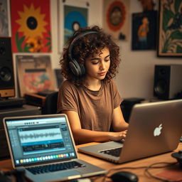 A young female lofi music producer working effortlessly at her creative workspace, surrounded by vintage audio equipment, vinyl records, and colorful artwork on the walls