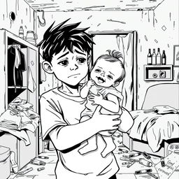 A black outline drawing of a sad young boy holding a happy infant girl in his arms