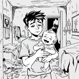 A black outline drawing of a sad young boy holding a happy infant girl in his arms