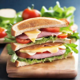 Create an image showcasing a tantalizing sandwich, with layers of fresh lettuce, sliced ripe tomatoes, thinly cut meats, and melted cheese, all between two lightly toasted bread slices