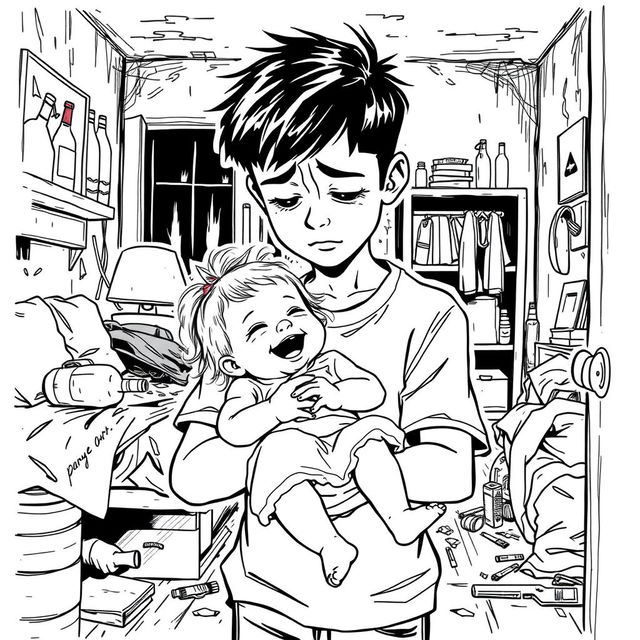 A black outline drawing of a sad young boy holding a happy infant girl in his arms