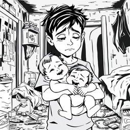 A black outline drawing of a sad young boy holding a happy infant girl in his arms