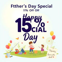 A vibrant promotional poster for Father's Day featuring a bold text that says 'Father's Day Special - 15% Off!' at the top