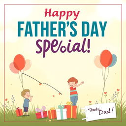 A vibrant promotional poster for Father's Day featuring a bold text that says 'Father's Day Special - 15% Off!' at the top