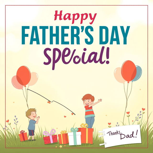 A vibrant promotional poster for Father's Day featuring a bold text that says 'Father's Day Special - 15% Off!' at the top