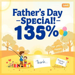 A vibrant promotional poster for Father's Day featuring a bold text that says 'Father's Day Special - 15% Off!' at the top