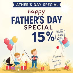 A vibrant promotional poster for Father's Day featuring a bold text that says 'Father's Day Special - 15% Off!' at the top