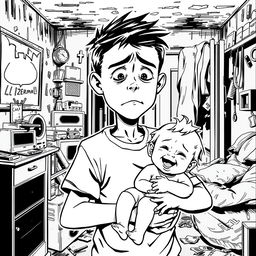 A black outline drawing depicting a sad young boy holding a happy infant girl in his arms