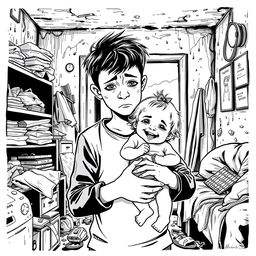 A black outline drawing depicting a sad young boy holding a happy infant girl in his arms