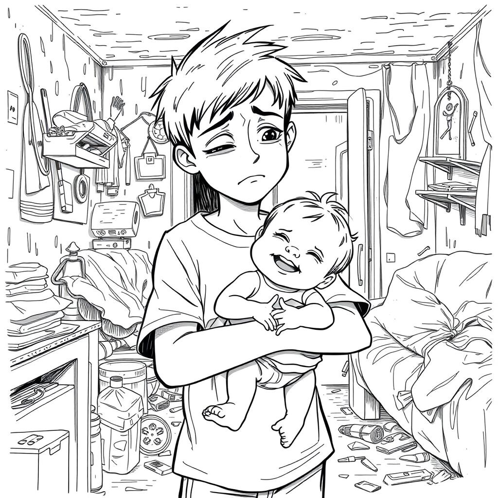 A black outline drawing depicting a sad young boy holding a happy infant girl in his arms