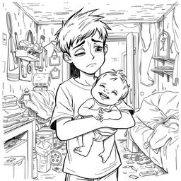 A black outline drawing depicting a sad young boy holding a happy infant girl in his arms