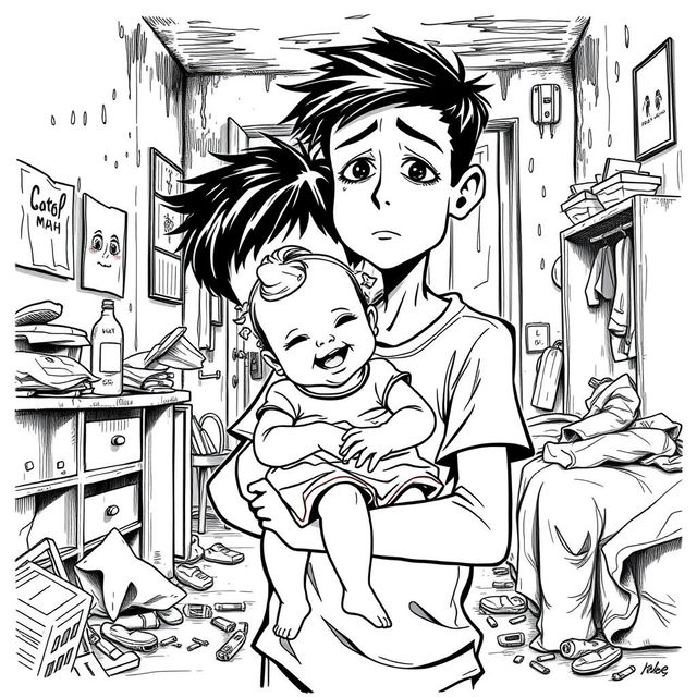 A black outline drawing depicting a sad young boy holding a happy infant girl in his arms