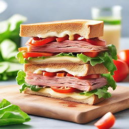 Create an image showcasing a tantalizing sandwich, with layers of fresh lettuce, sliced ripe tomatoes, thinly cut meats, and melted cheese, all between two lightly toasted bread slices