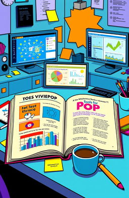 A detailed illustration showcasing an open book titled 'Tools for Pop and VOSviewer', featuring vibrant pop art elements