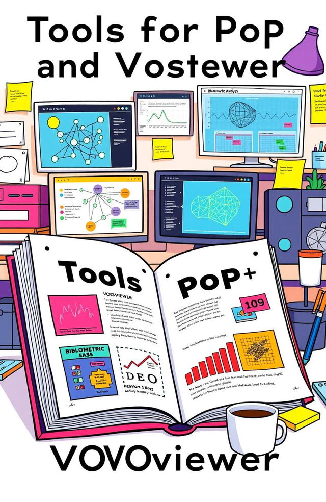 A detailed illustration showcasing an open book titled 'Tools for Pop and VOSviewer', featuring vibrant pop art elements