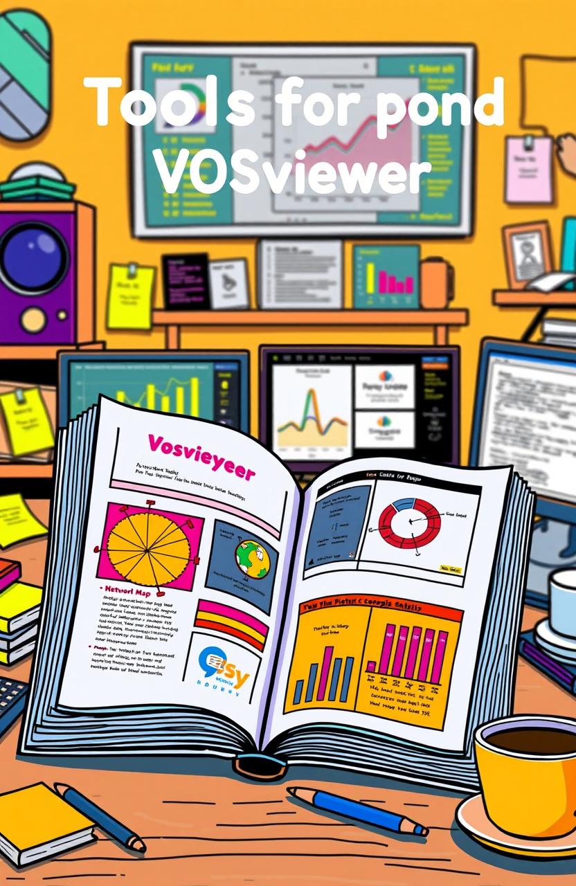 A detailed illustration showcasing an open book titled 'Tools for Pop and VOSviewer', featuring vibrant pop art elements
