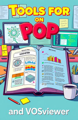 A detailed illustration showcasing an open book titled 'Tools for Pop and VOSviewer', featuring vibrant pop art elements
