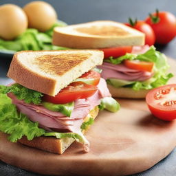 Create an image showcasing a tantalizing sandwich, with layers of fresh lettuce, sliced ripe tomatoes, thinly cut meats, and melted cheese, all between two lightly toasted bread slices