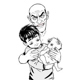 A black outline drawing of a young boy holding an infant girl protectively in his arms, displaying a nurturing demeanor