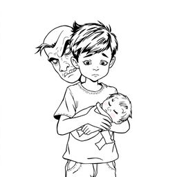A black outline drawing of a young boy holding an infant girl protectively in his arms, displaying a nurturing demeanor