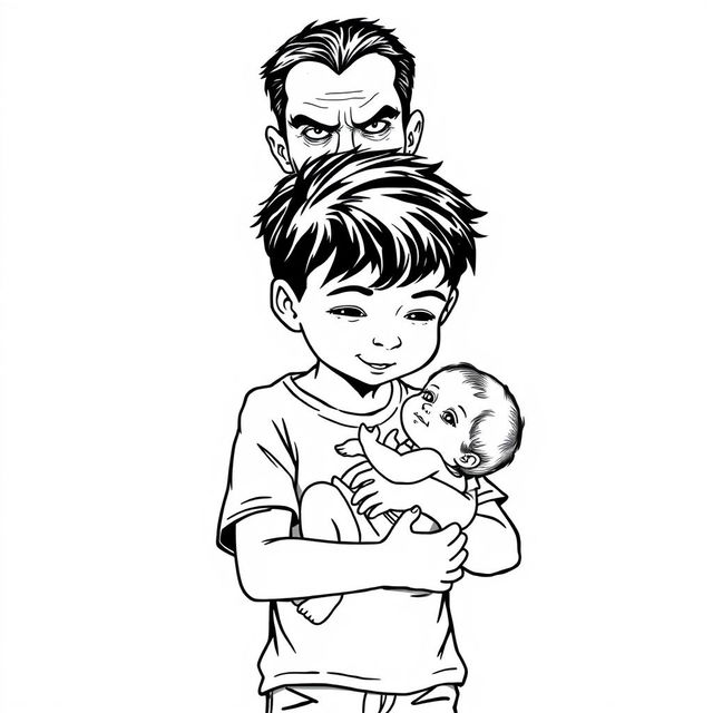 A black outline drawing of a young boy holding an infant girl protectively in his arms, displaying a nurturing demeanor