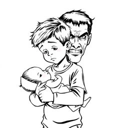 A black outline drawing of a young boy holding an infant girl protectively in his arms, displaying a nurturing demeanor