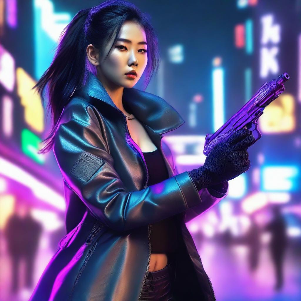 Hyper-realistic portrait of a beautiful Korean girl, decked out in cyberpunk attire with a long jacket and pants, fearlessly firing a high-tech gun amidst the neon-lit, futuristic cityscape