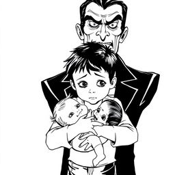 A black outline drawing featuring a young boy holding an infant girl in a protective manner
