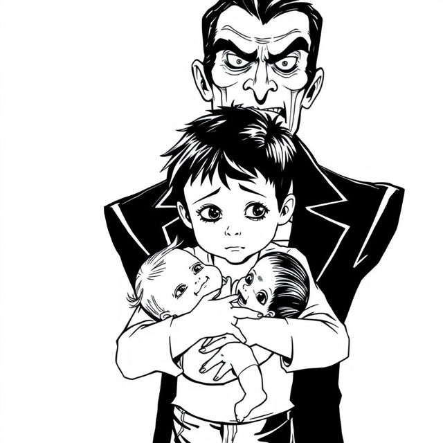 A black outline drawing featuring a young boy holding an infant girl in a protective manner