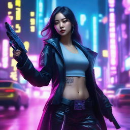 Hyper-realistic portrait of a beautiful Korean girl, decked out in cyberpunk attire with a long jacket and pants, fearlessly firing a high-tech gun amidst the neon-lit, futuristic cityscape