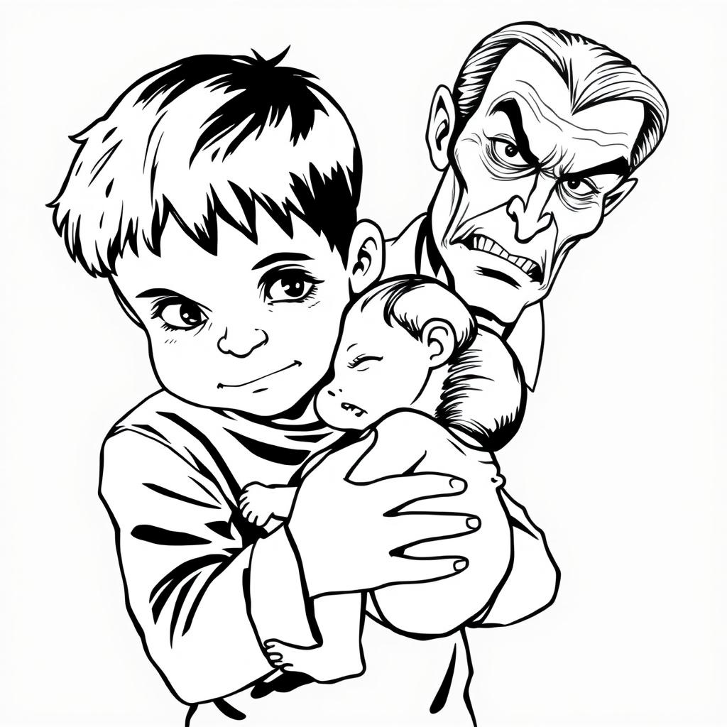 A black outline drawing featuring a young boy holding an infant girl in a protective manner