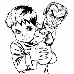 A black outline drawing featuring a young boy holding an infant girl in a protective manner