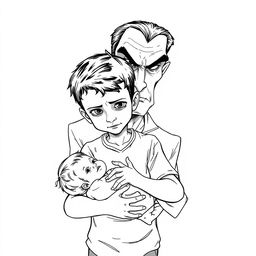 A black outline drawing featuring a young boy holding an infant girl in a protective manner