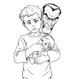 A black outline drawing featuring a young boy holding an infant girl in a protective manner