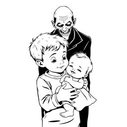 A black outline drawing featuring a young boy gently holding an infant girl with a look of care and affection