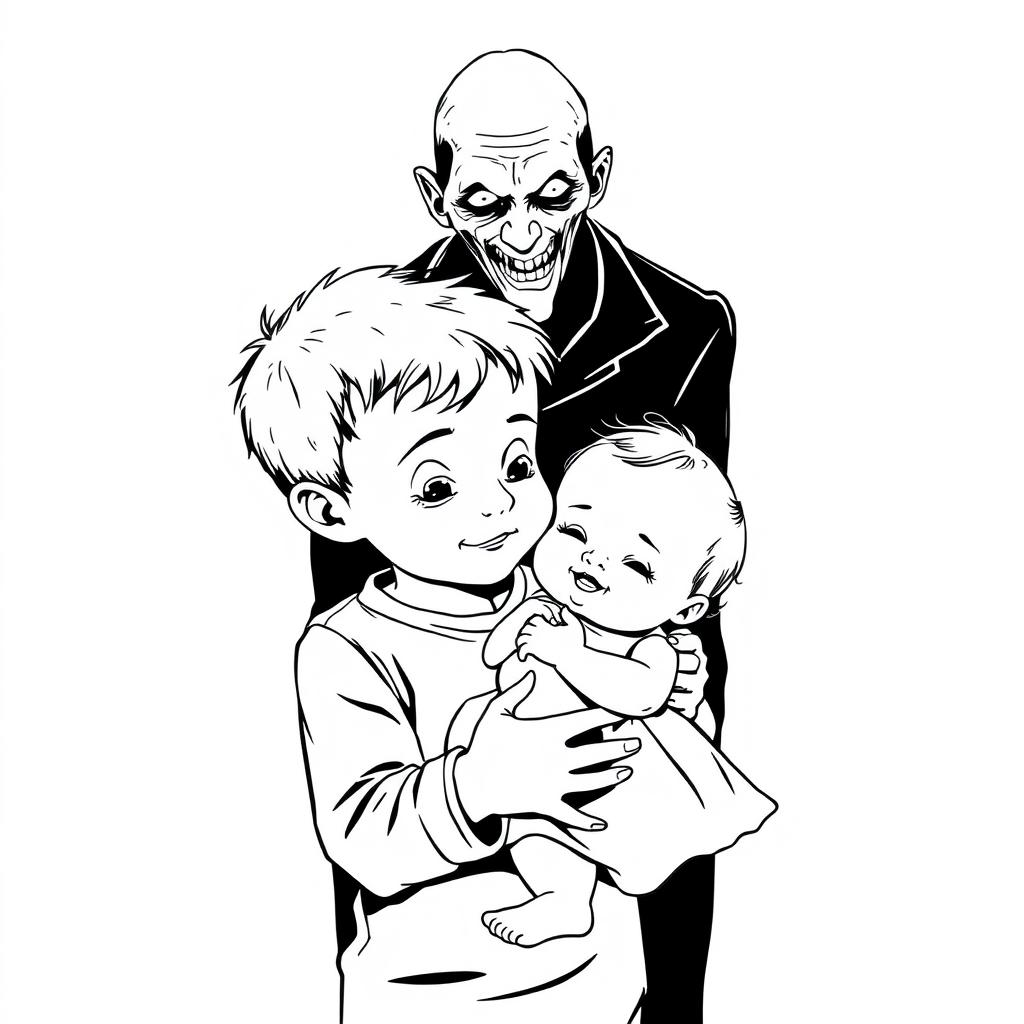 A black outline drawing featuring a young boy gently holding an infant girl with a look of care and affection