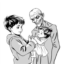 A black outline drawing featuring a young boy gently holding an infant girl with a look of care and affection