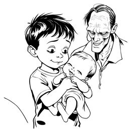 A black outline drawing featuring a young boy gently holding an infant girl with a look of care and affection