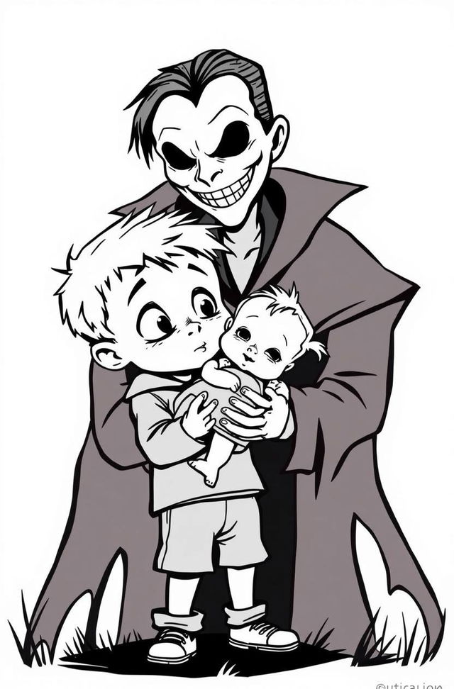 A black outline drawing featuring a young boy holding an infant girl securely in his arms, showcasing his protective nature