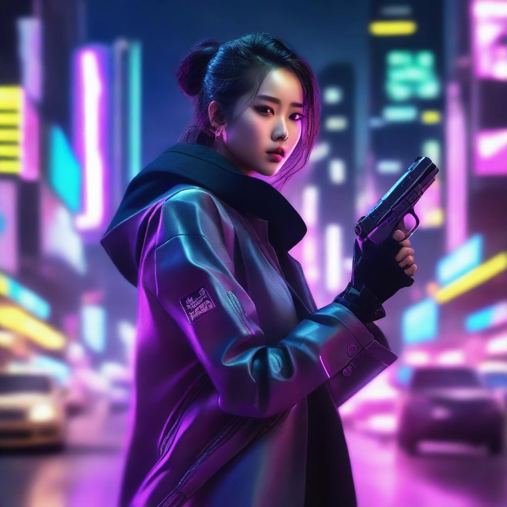 Hyper-realistic portrait of a beautiful Korean girl, decked out in cyberpunk attire with a long jacket and pants, fearlessly firing a high-tech gun amidst the neon-lit, futuristic cityscape