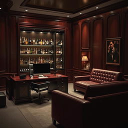 An elaborate office belonging to a criminal organization boss, featuring a large desk situated in the corner with an impressive computer setup on it