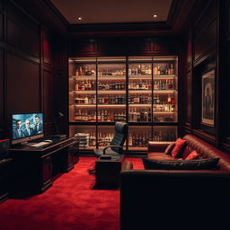 An elaborate office belonging to a criminal organization boss, featuring a large desk situated in the corner with an impressive computer setup on it