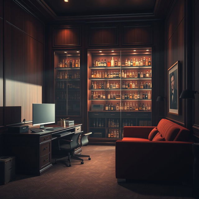 An elaborate office belonging to a criminal organization boss, featuring a large desk situated in the corner with an impressive computer setup on it