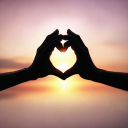 Generate an image portraying the essence of love, featuring two hands gently intertwined, a softly glowing heart symbol hovering nearby, all reflected in the gleam of a romantic sunset